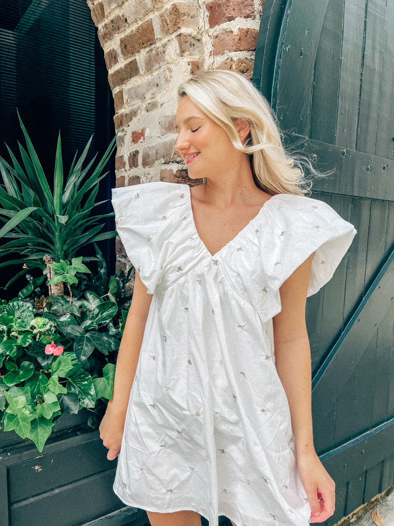 Flora Dress - Blonde Palm Boutique- White Floral Embroidered Summer Dress