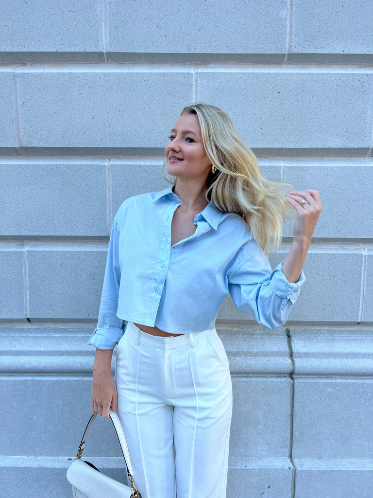 Blonde Palm - Kelsea Top - Blue Button Up Cropped Shirt