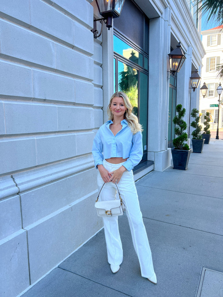 Blonde Palm - Kelsea Top - Blue Button Up Cropped Shirt