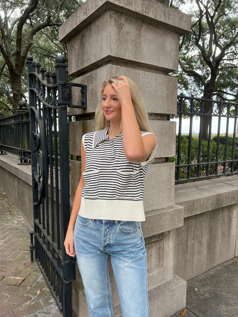 Striped sweater vest for fall, black and white striped sweater vest, chic sweater vest, blonde palm boutique