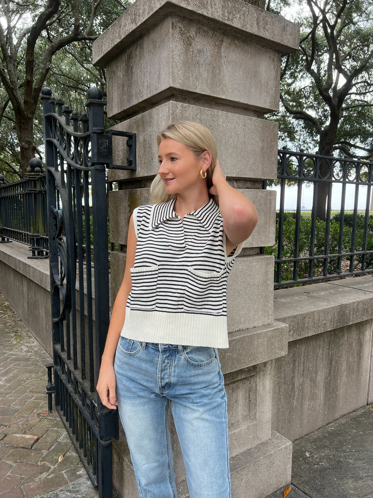 Striped sweater vest for fall, black and white striped sweater vest, chic sweater vest, blonde palm boutique