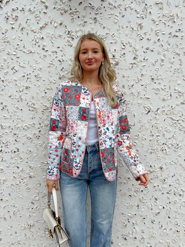 flower quilted button up jacket with round neck