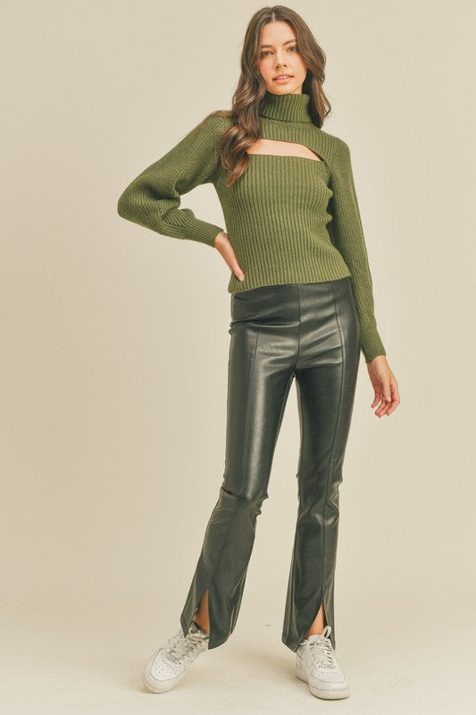 front cut out green sweater turtleneck